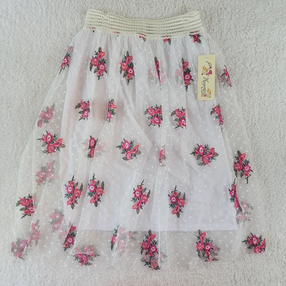 Magenta Floral Embroidered Tulle Skirt w/ Stretch Waistband
